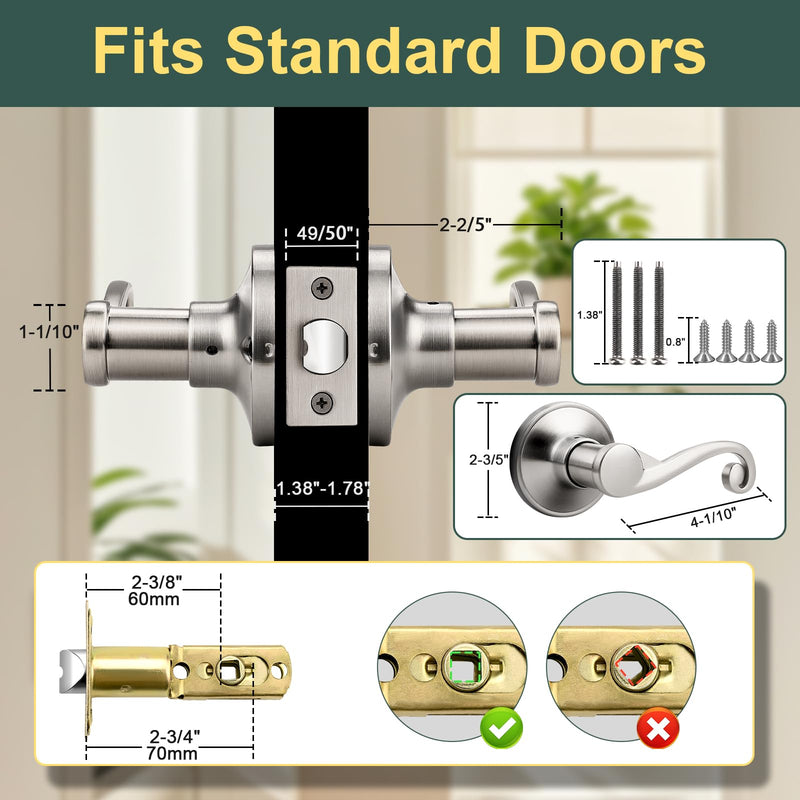 Elegant Brushed Nickel Interior Door Handles for Closet and Hallway, 2 Pack Passage Door Handle Lever with Modern Style and Durable Finish Satin Nickel