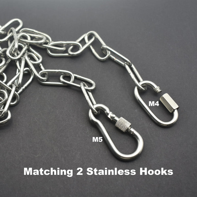 304 Stainless Steel Chain 5/32 in x 5 ft Closed Links Short Chain Weight with 2 Quick Carabiner Hooks Locking Pulling Towing for Outdoor Fence Pet Dog, 1 pcs (4mm x150cm)