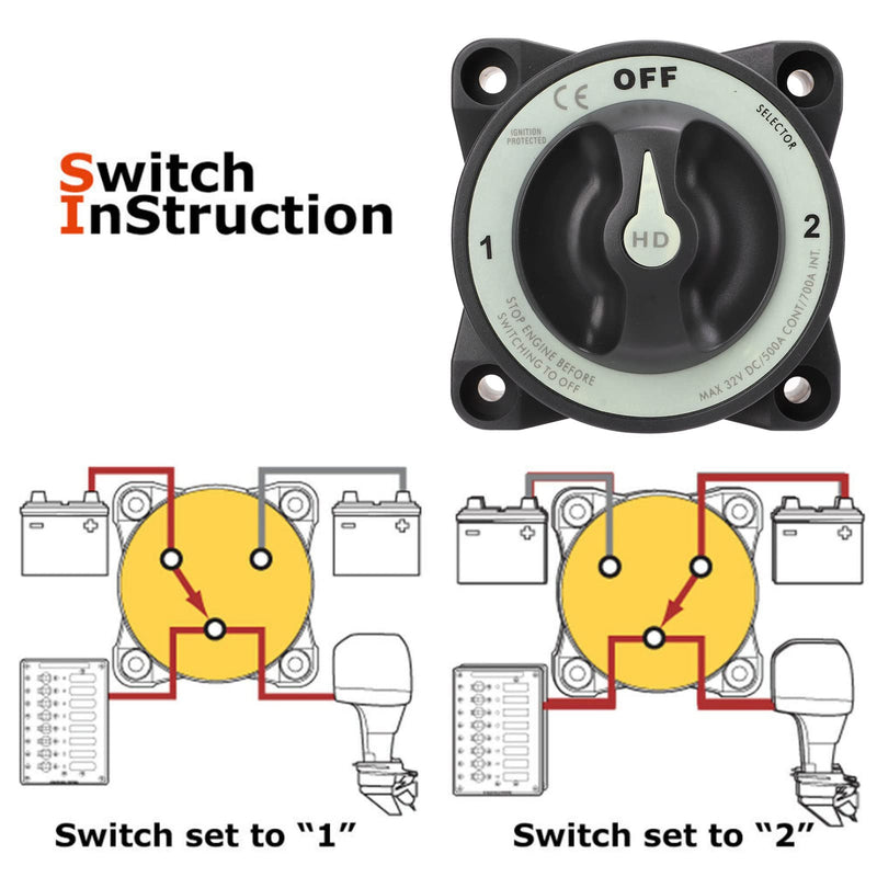 Jiawu 500A Battery Disconnect Switch, 3 Position Power Cut Master Switch, IP66 Ignition, for RV Boat, with Tinned Copper Studs