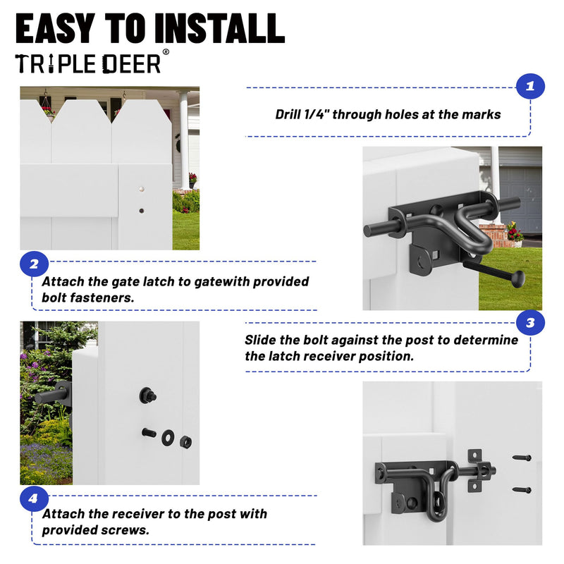 TRIPLE DEER Heavy Duty Sliding Bolt Gate Latch with Padlock Hole & Carriage Bolt, Slide Bolt Hardware for Wooden Fence/Yard Fence/Shed Door/Barn Door, Black, 4 Pack