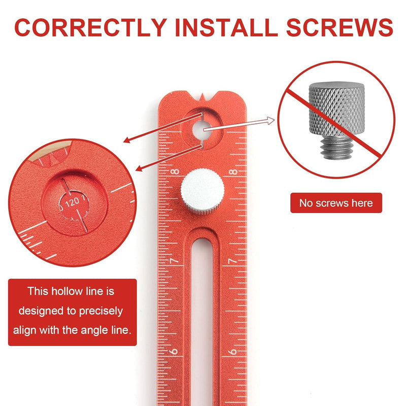 Woodworking Ruler, Adjustable Mark Angle & Straight line Scribe, Precision Pocket Ruler Metal Metric & Inch Portable Slide Rule Woodworking Tool T Square with Protractor Angle Finder (red in 3pcs)