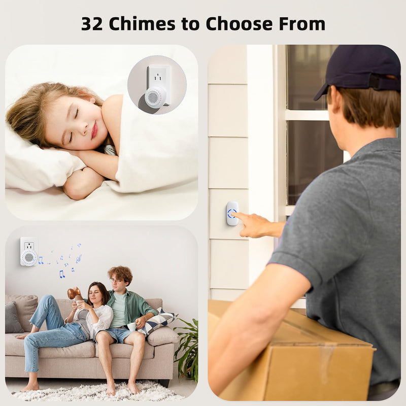 Wireless Doorbell • PHYSEN • Doorbell Chime Kits with 1 Transmitter 1 Receiver • Waterproof • Operating at 1000ft Range • 32 Ringtones • 5 Volume Levels • LED Flash • Door Bell for Home Classroom 1 Button+1 Receiver