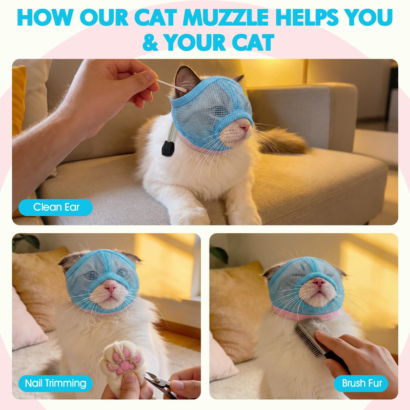 2 Pieces Visible & Breathable Cat Muzzle for Grooming, Anti-Bite Pet Mask with Adjustable Neck Size and Ear-Friendly Design