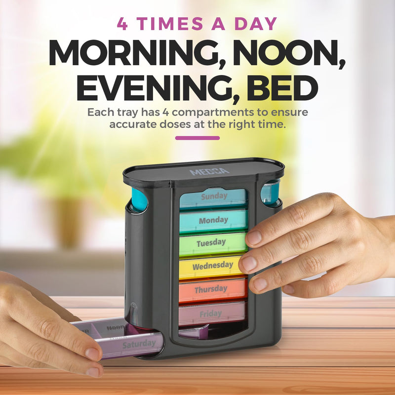 Weekly Pill Organizer, 1 Dispenser, 7 Stackable Compartments Four Times-a-Day - Morning, Noon, Evening, and Bedtime, Black 1 Count (Pack of 1)