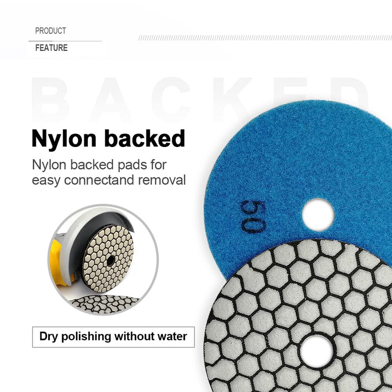 SHDIATOOL Dry Diamond Polishing Pads 4 Inch Set of 7 Pieces Plus a Rubber Backer for Granite Marble Stone Sanding Pads Mixed Grits+R backer
