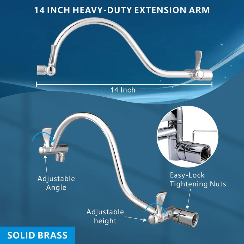 Voolan 10" Square Rain Shower Head with 14" Extension Arm, Adjustable Angle and Height, Stainless Steel Bathroom High Pressure Rainfall showerhead, 2.5GPM Chrome
