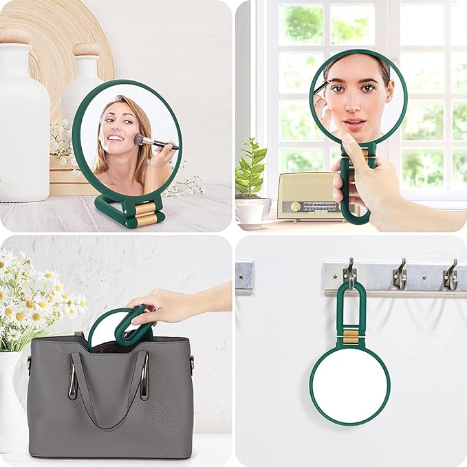 Hand Mirror Magnifier Desk Mirror 10x Equal Double Sided Mirror with Handle, Stand & Hand Mirror, Foldable Makeup Mirror, Convenient to Carry, Round Green - NewNest Australia