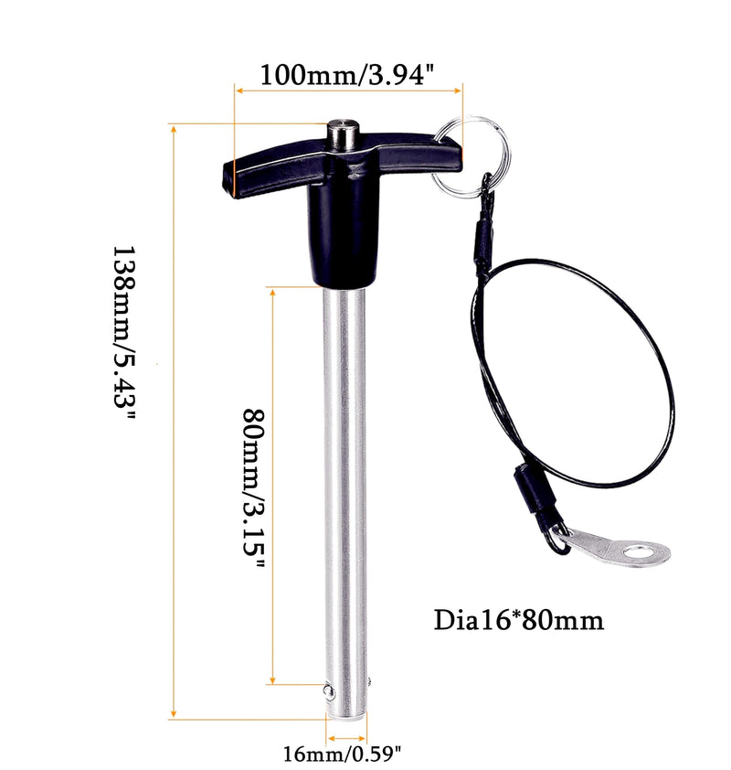 NRC&XRC Stainless Steel 304 Push-Button Quick Release Pin T Handle Lock Pins, Pin Dia 5/8IN(16MM).Usage Length 80MM(3.15in) with Lanyard Cable (1Pack, Specs(Dia)XLength:16*80mm) 1Pack
