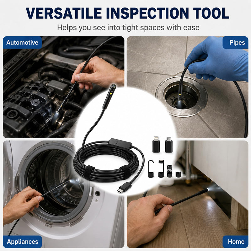 Endoscope Camera with Light 1920P HD Borescope Inspection Camera for Android & iPhone, Semi-Rigid Snake Cable with 8 LEDs, Waterproof for Sewer Pipe Automotive Inspection (Dual Lens 10m/32.8FT) 10m / 32.8FT Dual lens