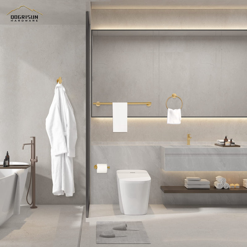 QOGRISUN Brass Towel Bar for Bathroom,Gold Towel Holder Heavy Duty, Modern Brass Bathroom Accessories Wall Mounted,24-Inches Total Length, Brushed Brass Towel Holder-4Set Brushed Gold