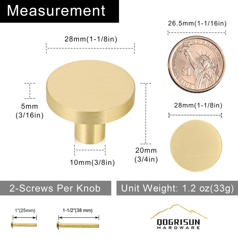 QOGRISUN 10-Pack Solid Brass Cabinet Knobs, 1-Inch Diameter, Round Gold Dresser Drawer Pulls Handles, Modern Kitchen Hardware, Brushed Brass Finish 1-1/8-Inch Diameter 10 Pack