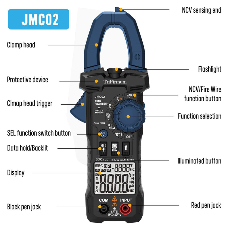 Digital Clamp Meter,6000 Counts Auto Range TRMS Multimeter Tester 600A AC Current,600V AC/DC Voltage Amp Meter with Continuity/Resistance/Diode