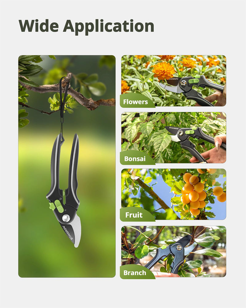 Pruning Shears for Gardening - 8.5" SK5 Garden Shears Cuts 10000+ Times Staying Sharp - Garden Scissors with One-handed Unlocking & Adjustable Handle- Garden Clippers Gardening Tools for Men Women 8.5" Bypass