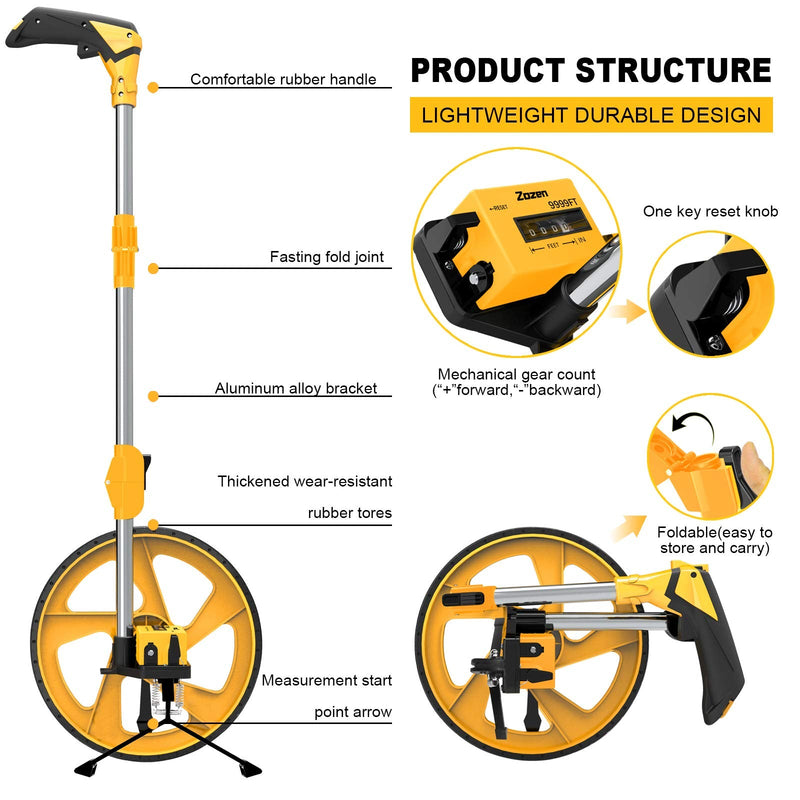 Zozen Distance Measuring Wheel in Feet and Inches, Collapsible Measure Wheel - Imperial Industrial with Big Kickstand to Keep Stand, Include Backpack and Tape Ruler, Adapt to Various Roads.