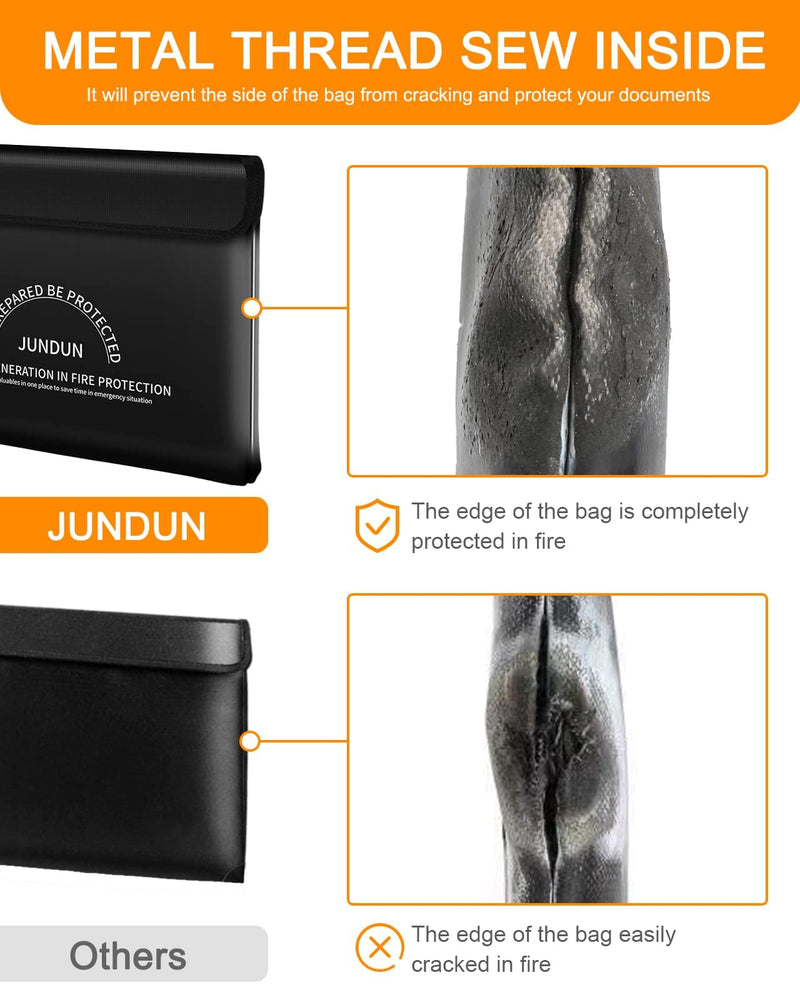 JUNDUN Fireproof Document Bag with 5200℉ Heat Insulated,14.0”x10.4” Waterproof and Fireproof Money Bag,8 Layers Thickened Fire Safe Storage Bag Pouch with Zipper for Document,Money,Black and Large Black