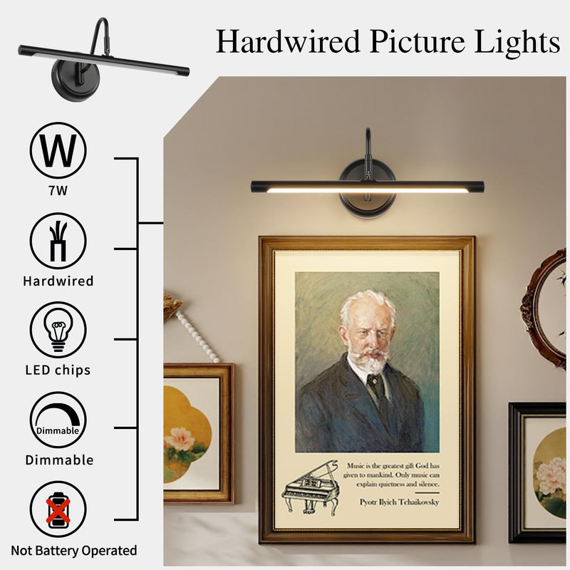 JOOSENLUX Picture Lights for Paintings Hardwired 16.5" Inch Long Dimmable Black Wall Lights with Adjustable Lighting Direction 110V 3000K 16.5" Long Dimmable