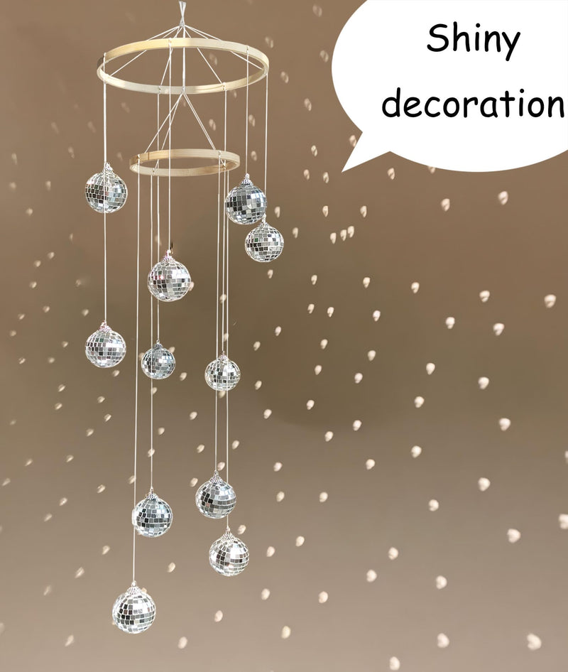 Disco Ball Mobile Spiral Spinner Ball 32 Inch Height with Bamboo Circle for Indoor Outdoor Yard Garden Patio Home Decoration and Party Weding Festival Birthday two circls
