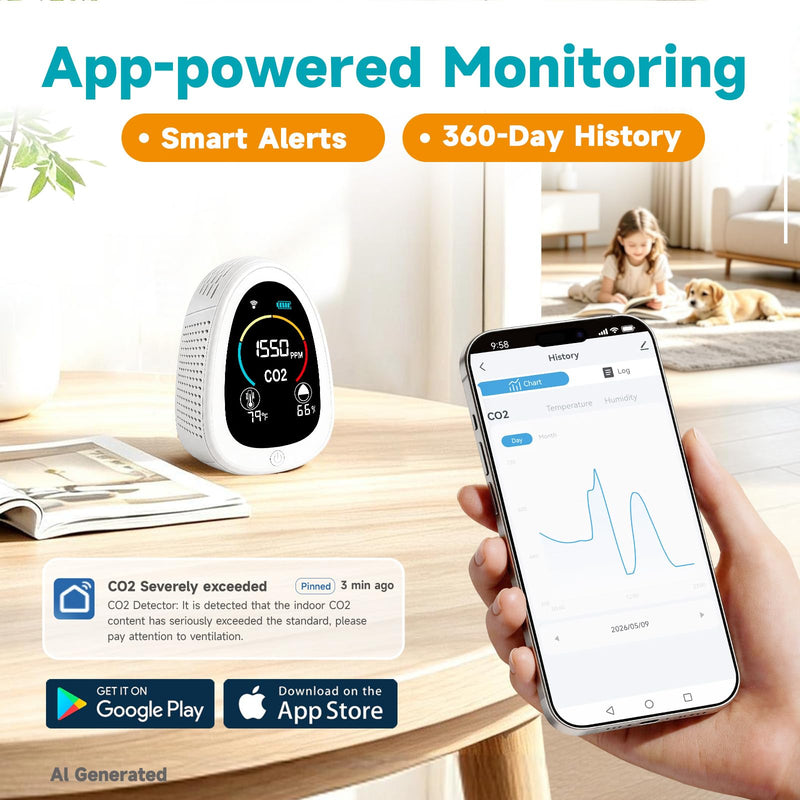 AIRNERGY Portable CO2 Monitor Indoor Air Quality Monitor for Home Office White