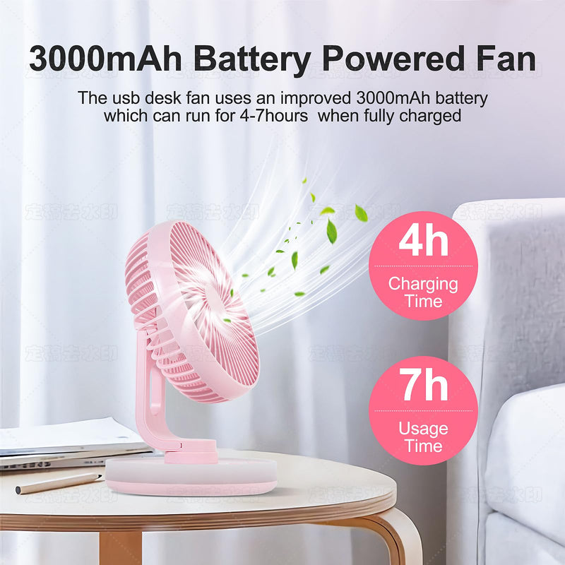 Small Desk Fan With Night Light, Auto Oscillating Table Fan With 3000mAh Rechargeable Battery, USB Personal Fan With 4 Speeds Wind, Adjustable Fan For Home, Office Bedroom, Camping (pink) pink