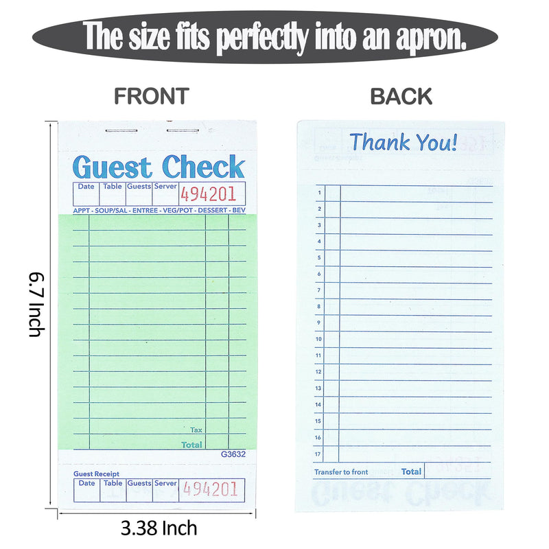Guest Checks Server Note Pads 6 Pack 300 Orders, Green Guest Check Pads with Bottom Receipt, Waitress Notepad for Restaurant Business 6PCS