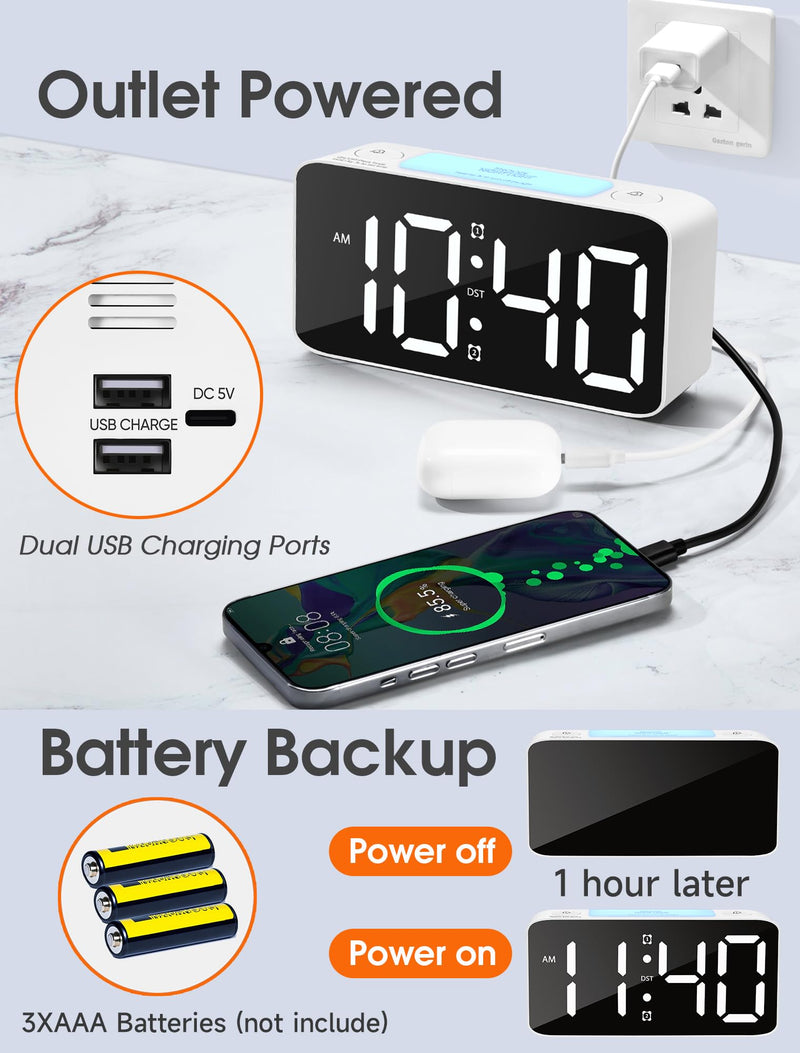 Cadmos Super Loud Alarm Clock for Heavy Sleepers Adults,Digital Clock with 7 Color NightLight,Adjustable Volume,USB Charger,Small Clocks for Bedrooms,Ok to Wake Up for Kids,Teens (White+RGB) White+rgb