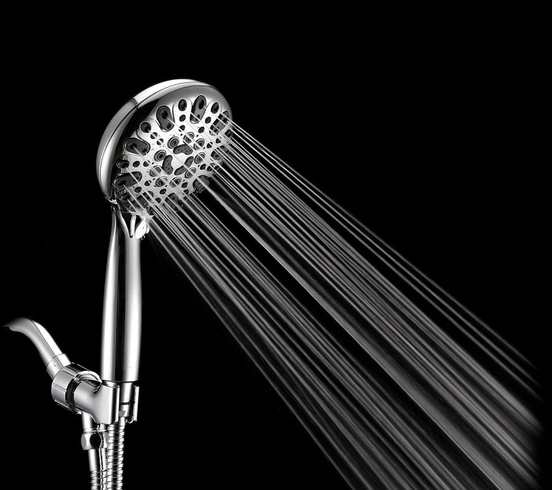 Handheld Shower Head, 6 Spray Setting High Pressure Shower Head with Brass Swivel Ball Bracket and Extra Long Stainless Steel Hose, Chrome, 5" Brass,Elegant