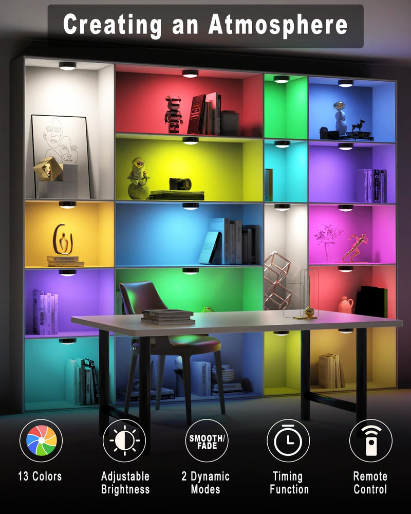 HELPLEX Puck Lights with Remote, Colors Changeable LED Puck Light Battery Powered Dimmable Under Cabinet Lights Wireless Under Counter Light RGBW Push Light, Timing & Memory Function, Black, 6 Pack BLACK - 6 PACK NO Battery