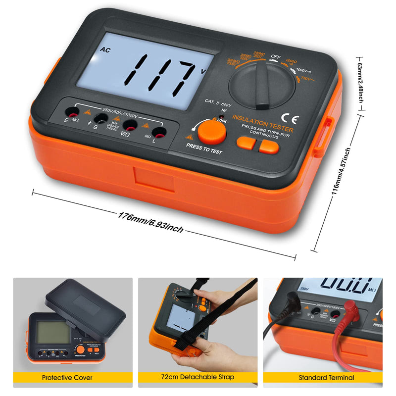 BTMETER Megohmmeter 1000V Insulation Resistance Tester, Electrical Megaohm Meter 200MΩ~2K Megohm Megger with 250V/500V/1000V Testing Voltage, Digital Multimeter Measure AC DC Voltage BT-VC60B (0.1MΩ~2GΩ)
