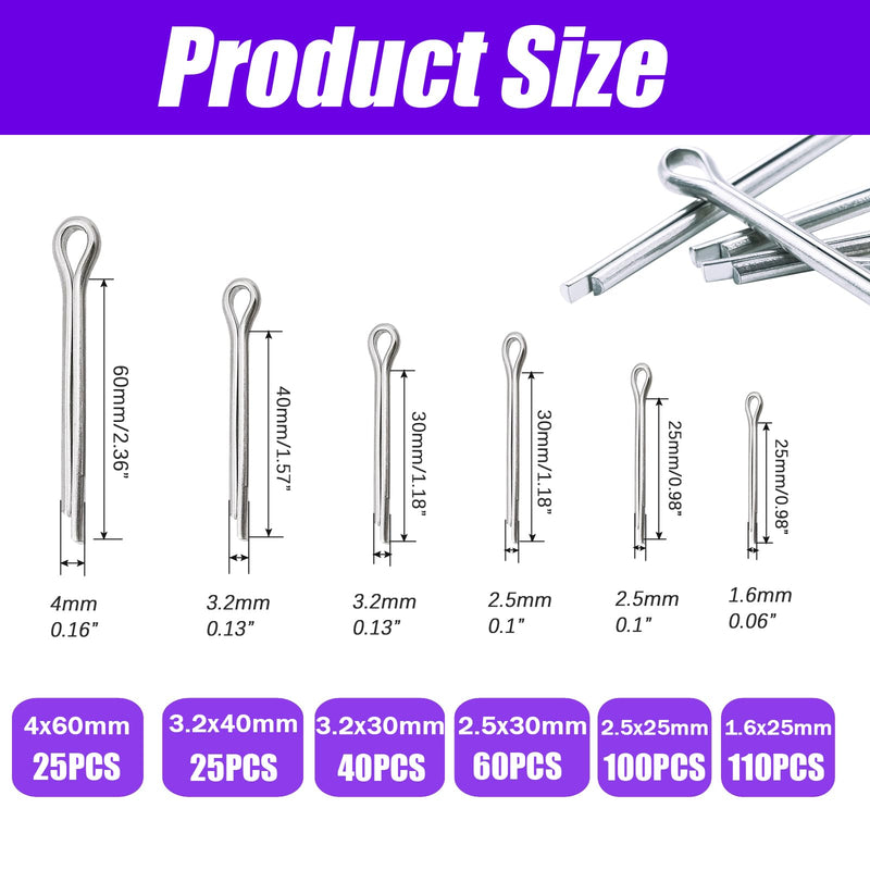 360PCS Cotter Pin Assortment Kit, 6 Sizes 304 Stainless Steel Cotter Pins Set, Split Pin Fastener Clips for Car Mechanics, Lawn Mowers, Trucks, Tractors Repair 360PCS