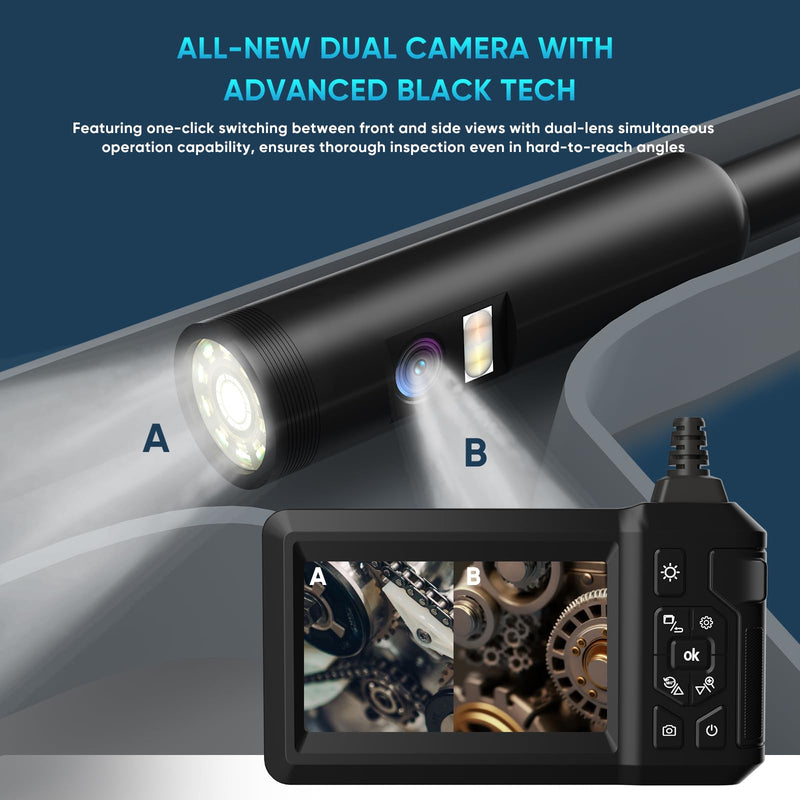 Industrial Endoscope Borescope with Light, 8mm Dual Lens 1080P HD IP67 Waterproof Snake Camera with 4.3" LCD, 8 LEDs & Semi-Rigid Cable - Inspection Tool for Industrial Use (32GB Included) 32.81 ft