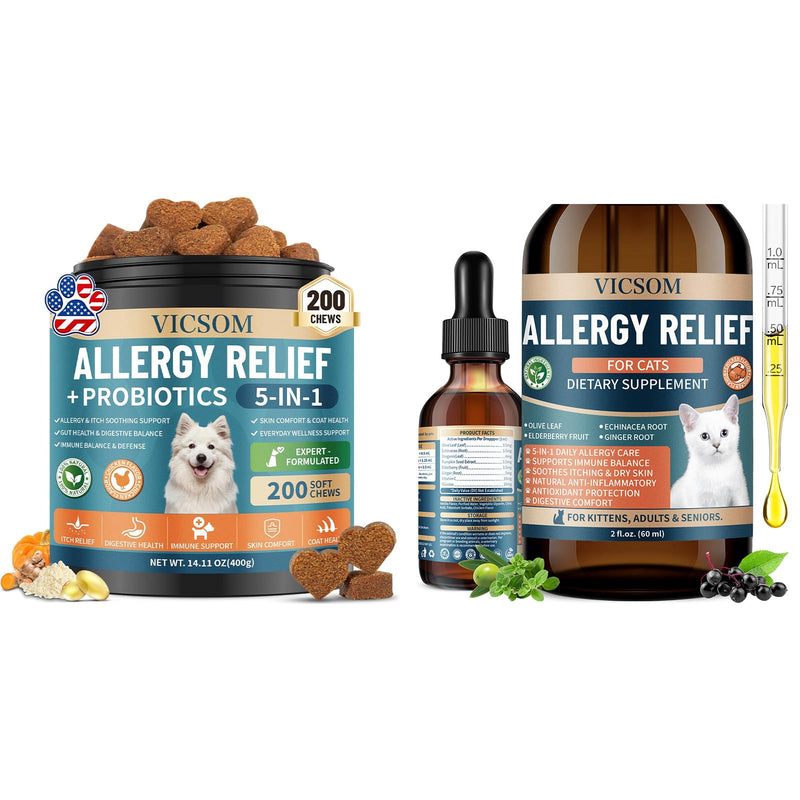 VICSOM Cat & Dog Allergy Relief Bundle – Itchy Skin, Immune Support, Seasonal Allergy & Gut Health Support with Probiotics, 60ml & 200 Chews