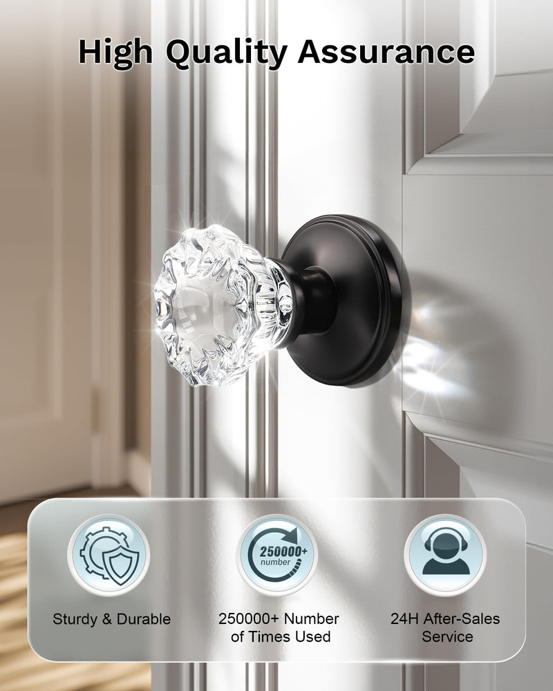 KNOBWELL 3 Pack Dummy Glass Door Knobs Interior with no Lock, Decorative Crystal Door Knobs Inside, Modern Glass Door Knob Inside in Matte Black Finish