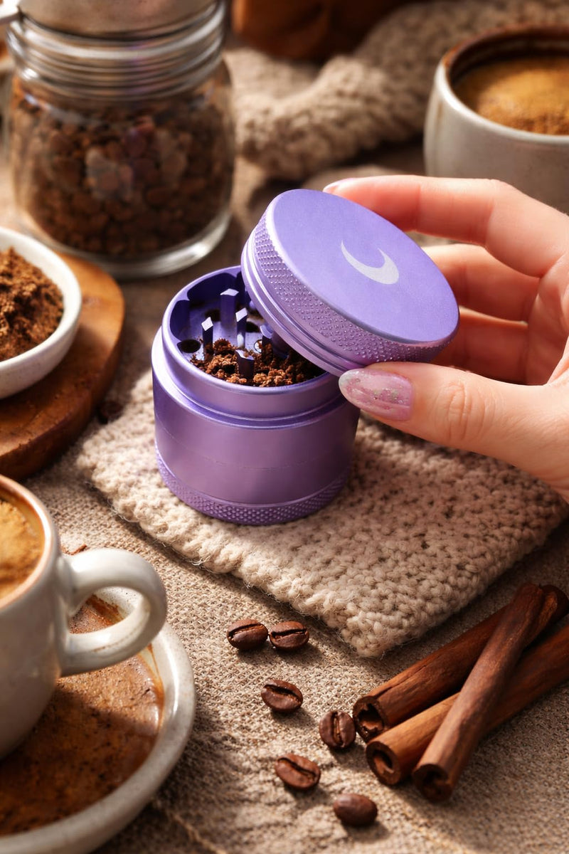 Brando Moon Small Manual Tea, Spice and Seeds Grinder – 1.6” Spice Kitchen Crusher with Cleaning Scraper, for Camping and Outdoor Purple