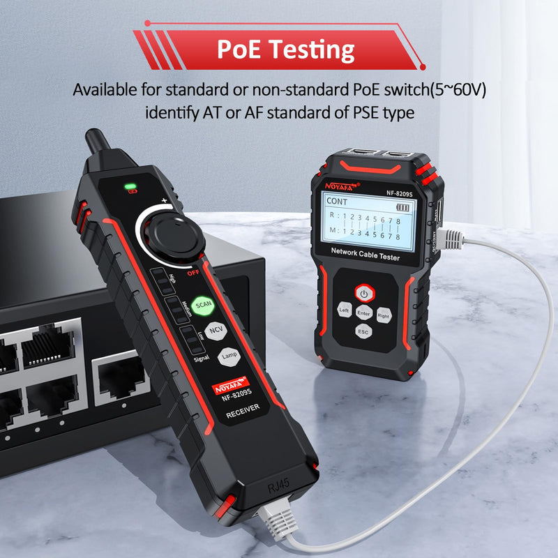 Network Cable Tester NF-8209S, Wire Tracer with PoE and NCV, Cable Length QC SCAN Cont Flash Tester, LAN/Ethernet Tester for CAT5, CAT6, Lithium Battery, LED Lighting NF8209S