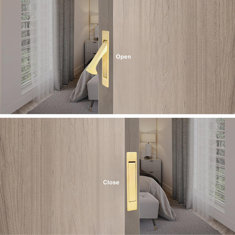 Dontay Pocket Door Passage Latches Lock,Flush Double Sided Rotation,Privacy (Bed/Bath) Latch,Large Lever,Hardware for 1 3/8" to 2 3/16" Sliding Door & Bathroom Doors (Satin Brass, Round - 1 Set) Satin Brass