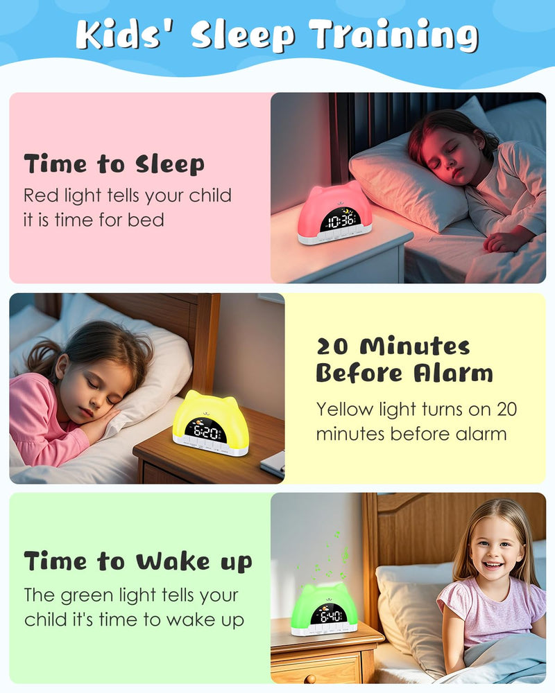 Kids Alarm Clock, OK to Wake Alarm Clock for Kids, Cat Clock with 11 Colors Night Light, 10 Soothing Sounds, Child Lock, Dual Alarms, Sleep Training, Birthday Gift for Boy Girls Children White