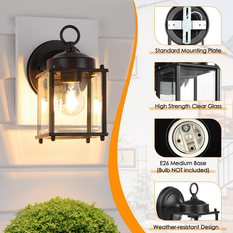 Outdoor Wall Lantern, Exterior Waterproof Wall Sconce Light Fixtures, Black Front Door Wall Lighting with Clear Beveled Glass Shade, 2 Pack 8.27 inch