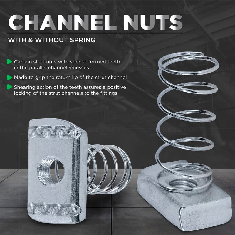 Highcraft OTDI-A50 3/8 inch Thread x 1-3/8 inch Strut Channel Nuts with Long Spring, Carbon Steel with Zinc Finish-50 Pack, Chrome 3/8 in. x 1-3/8 in.