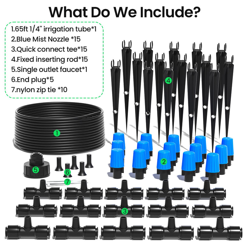 MIXC 65FT Greenhouse Watering System- Quick Efficient Connector Hanging Plant Watering System Automatic Mist Irrigation Kit with 1/4" Blank Tubing and Misting Nozzles 65FT(Updated)
