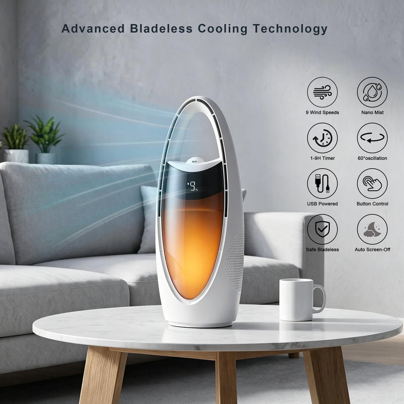 Bladeless Desk Fan, Misting Personal Cooling, Rechargeable, White