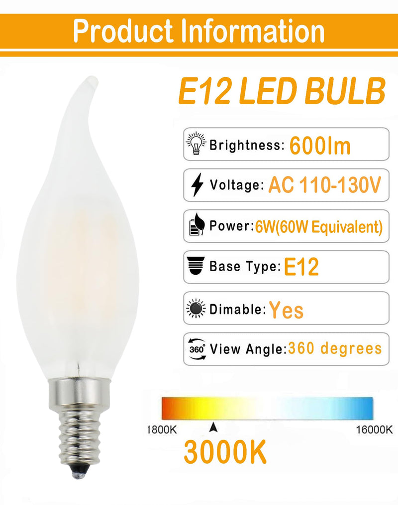 Frosted E12 Candelabra Bulb 60 Watt Dimmable,Flame Bent Tip Shape LED Chandelier Light Bulbs Soft White 3000k,6W B11 E12 LED Bulb for Ceiling Fan,Pendants,12 Pack E12-6w-3000k-frosted-12pack
