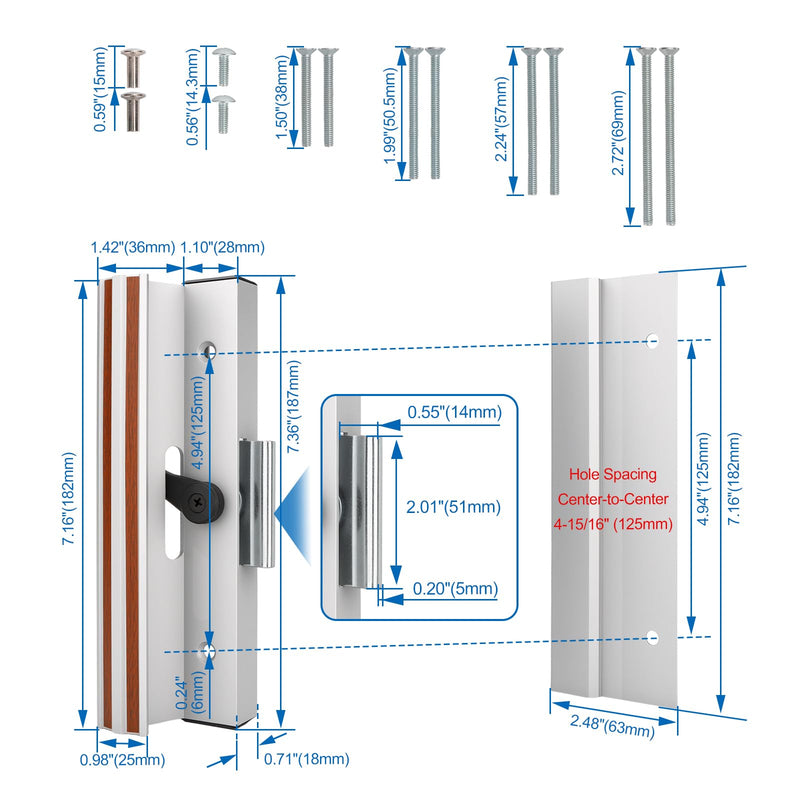 Baomain Surface Mount Sliding Patio Door Handle Set, 4-15/16" Hole Spacing C-to-C, Clamp Style Aluminum Replacement for Sliding Glass Doors, White with Woodgrain Finish 4-15/16 Inch (Hole Spacing)