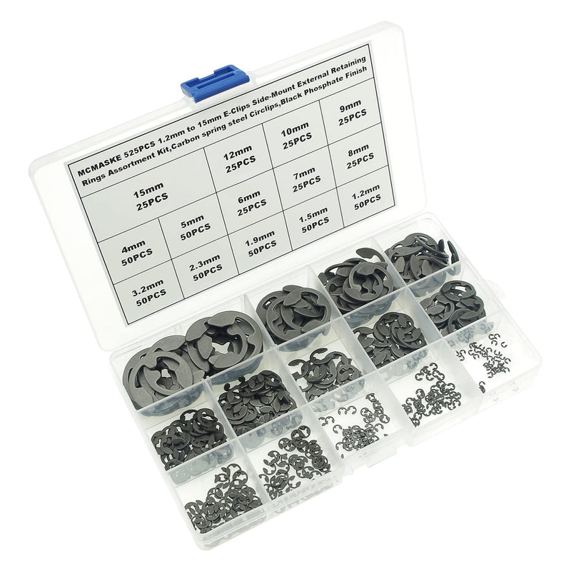 525PCS 14 Kinds Metric E-Clips Side-Mount External Retaining Rings Assortment Kit,1.2mm to 15mm Nominal Diameter,Black Phosphate Finish 1.2mm to 15mm