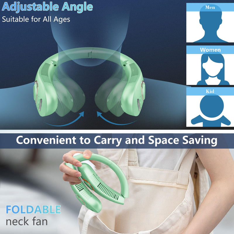 Personal Fan Neck Fan Mister-Fold away Wearable around the Neck Fan, Cordless Bladeless Personal Cooling Device,Neck Coolers for Women Men Kids Dad Mom Extremely Hot Weather Indoor Outdoor Green