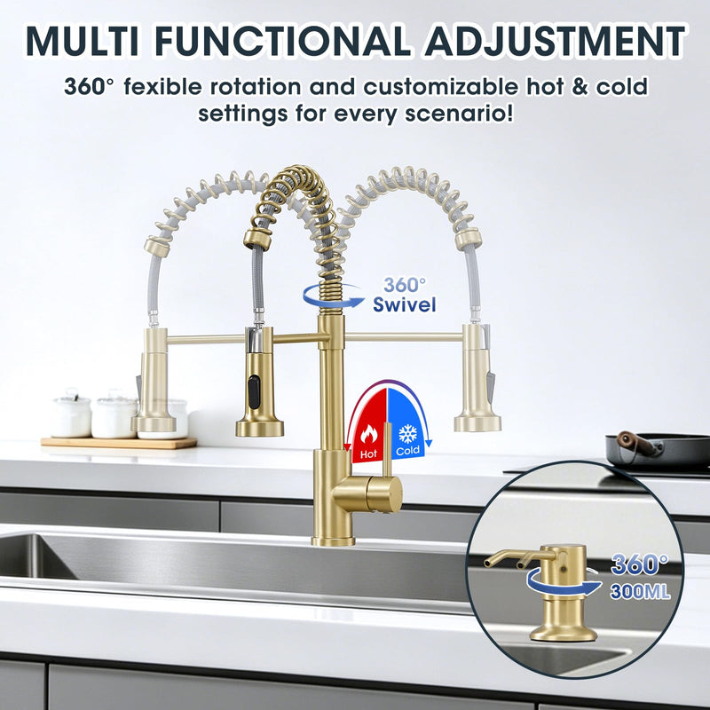 Kitchen Faucet with Pull Down Sprayer, Brushed Gold High Arc Single Handle Spring Pull Out Stainless Steel Faucet for Kitchen Sink, 2 Mode Utility Ideal for Laundry Camper Bar RV Room B-Gold Classic