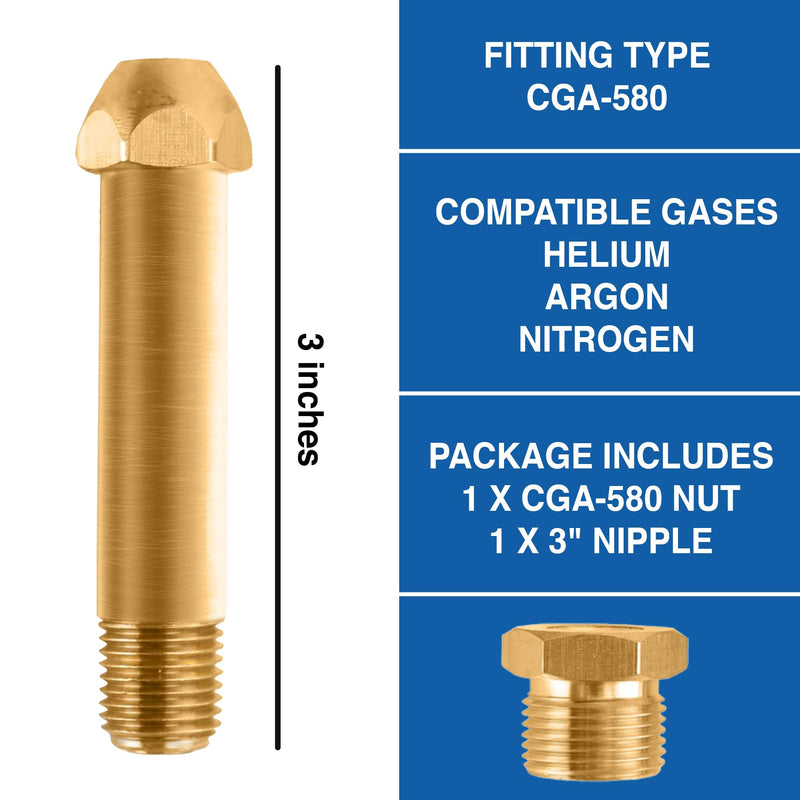 CGA-580 Nut & 3" Nipple - Regulator Inlet Bottle Fitting for Helium Argon Nitrogen - Brass Construction Threaded Design - Perfect for Gas Cylinders & Welding | 3"x1/4 NPT