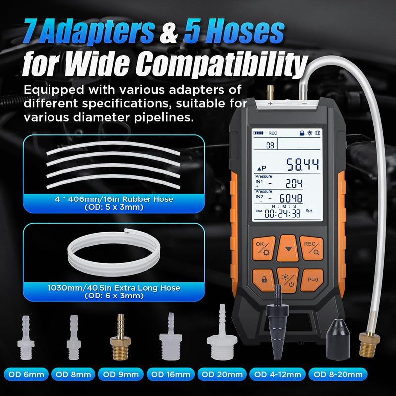 Manometer HVAC Gas Pressure Tester Dual Port Digital Manometer -14.65~29psi Differential Pressure Gauge with 10 Units, 7 Adapters, 29 Sets Data Storage&Hold, 2.8-in Backlit Display Air Pressure Meter Pro