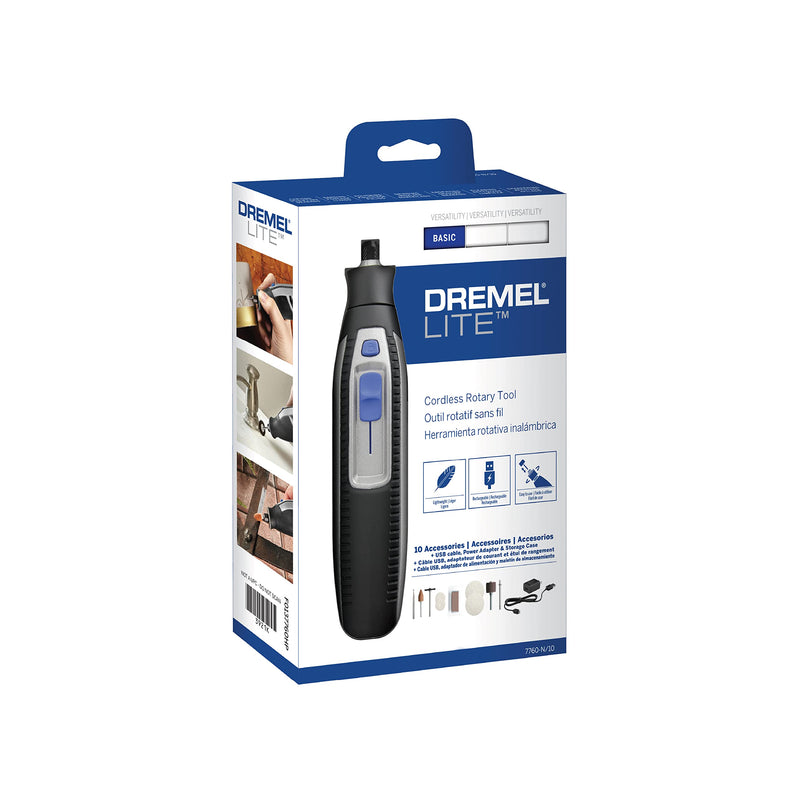 Dremel Lite 7760 N/10 4V Li-Ion Cordless Rotary Tool, Variable Speed Multi-Purpose Kit, USB Charging, Easy Accessory Changes - Perfect For Light-Duty DIY & Crafting, Sanding, Engraving and Polishing Rotary Tool 7760-N/10 Original Kit