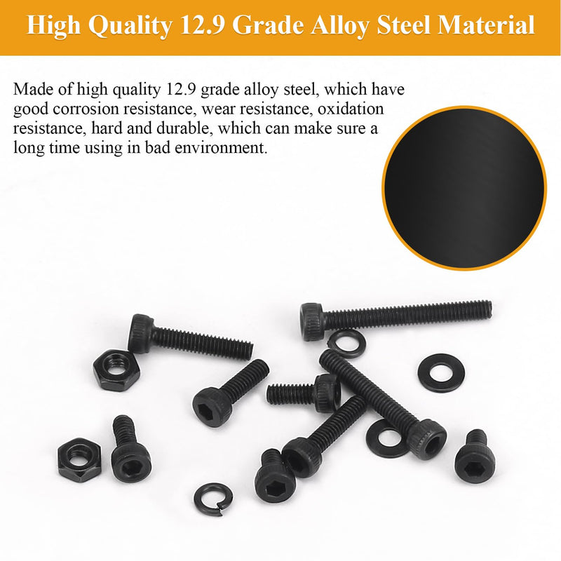 705 Pieces M2.5 Screws Nuts Washers Set Black, Sutemribor M2.5 x 4/6/8/10/12/16/20mm Hex Socket Head Cap Screws Nuts Washers Assortment Kit, 12.9 Grade Alloy Steel, Fully Threaded M2.5 Screws Kit
