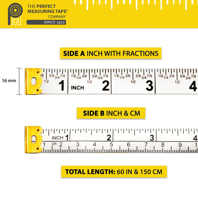 Perfect Measuring Tape All-Purpose 60 Inch Double Sided Fractional Inches and Millimeter/Centimeter Tape Measure TR-16-frac (60 inch White) 60in/1.5m